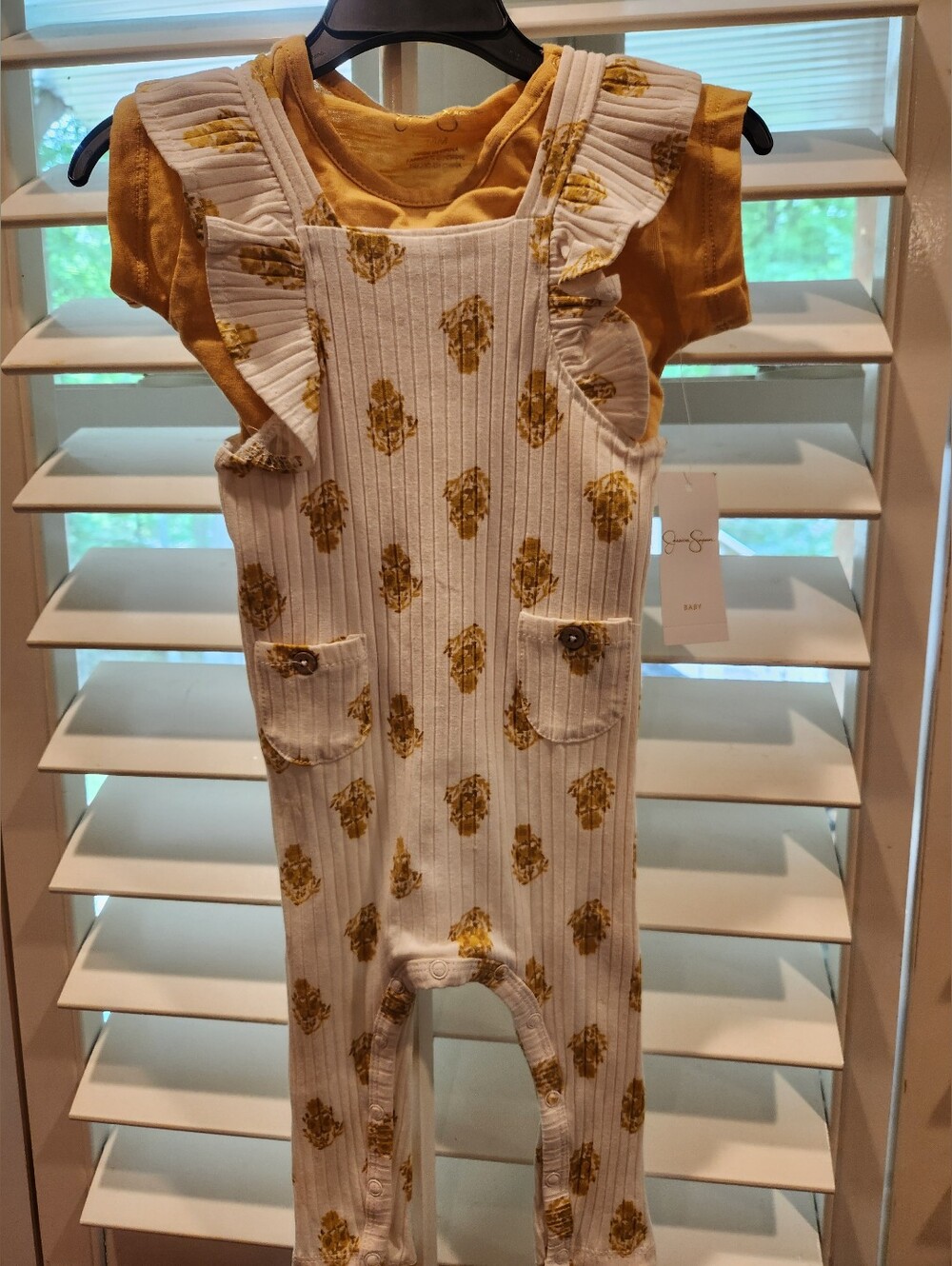 NWT Jessica Simpson Ivory & Mustard Floral Ruffle Romper Set, Size 18M